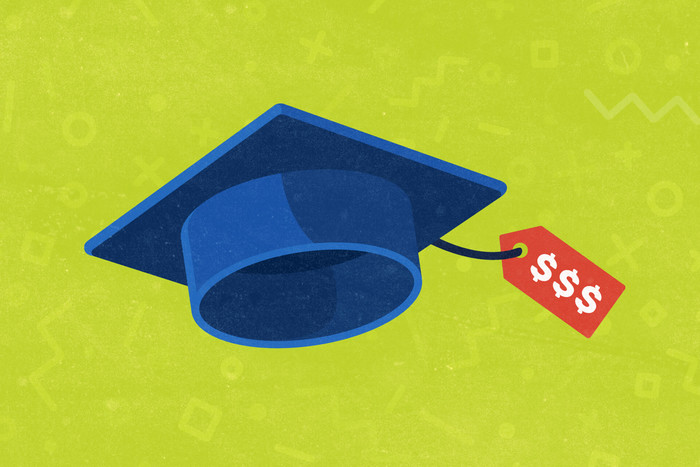 College graduation cap in the air with a red price tag