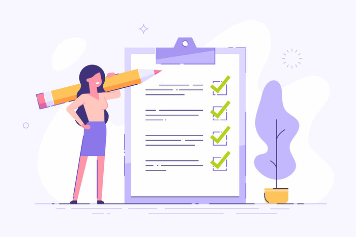 Woman holding a pencil writing on a checklist
