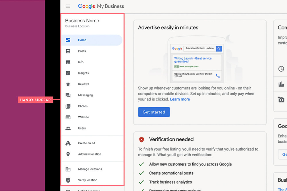 google my business handy sidebar screenshot